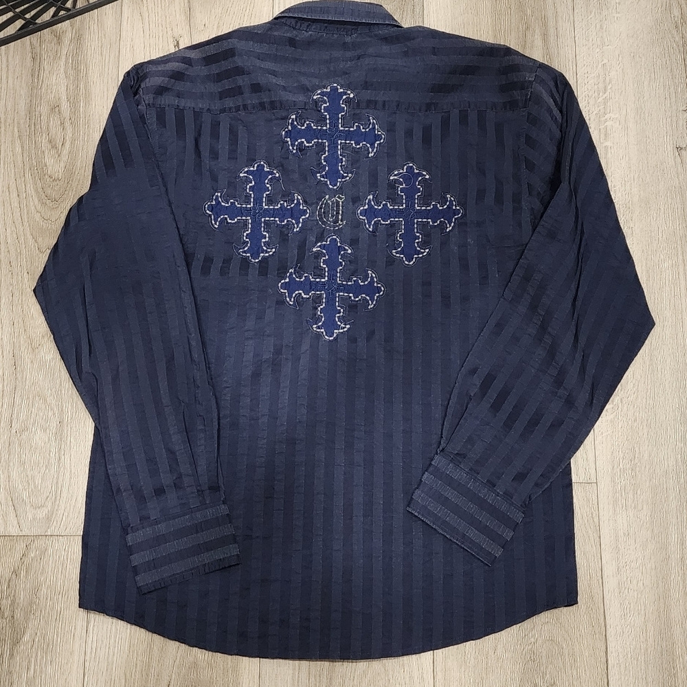 Navy Blue Long Sleeve Button Down Shirt with Embroidered Crosses